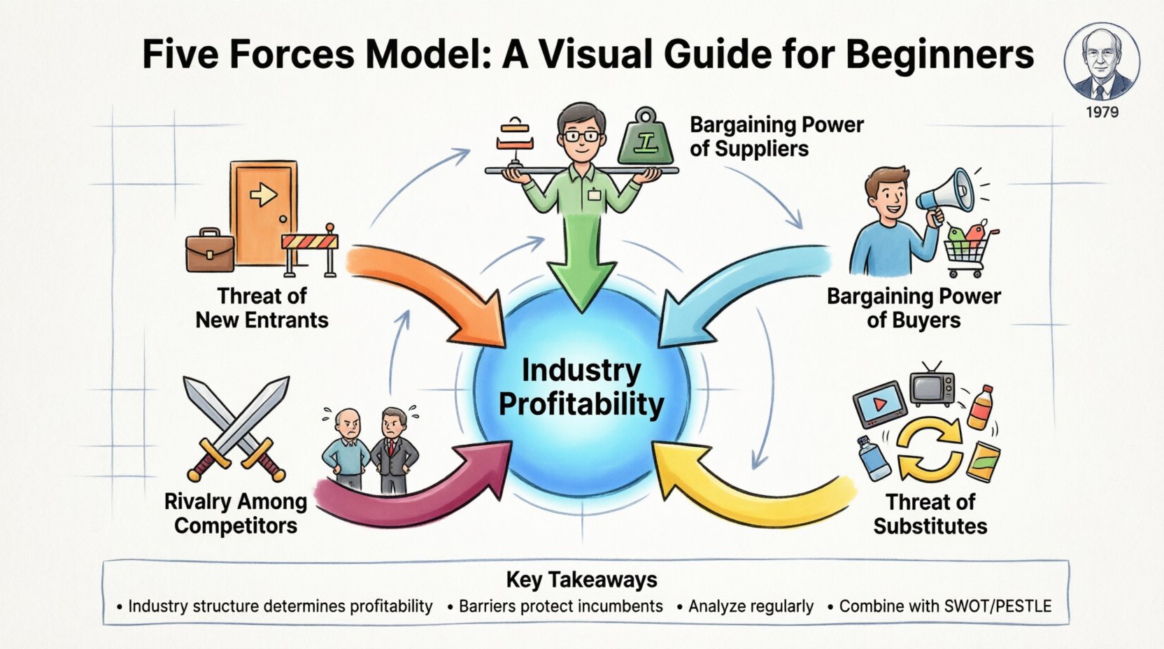 Cartoon infographic explaining Porter's Five Forces Model for beginners: central industry profitability hub surrounded by five competitive forces—threat of new entrants, supplier power, buyer power, substitute products, and competitive rivalry—with friendly icons, key indicators, and strategic takeaways in bright 16:9 visual format