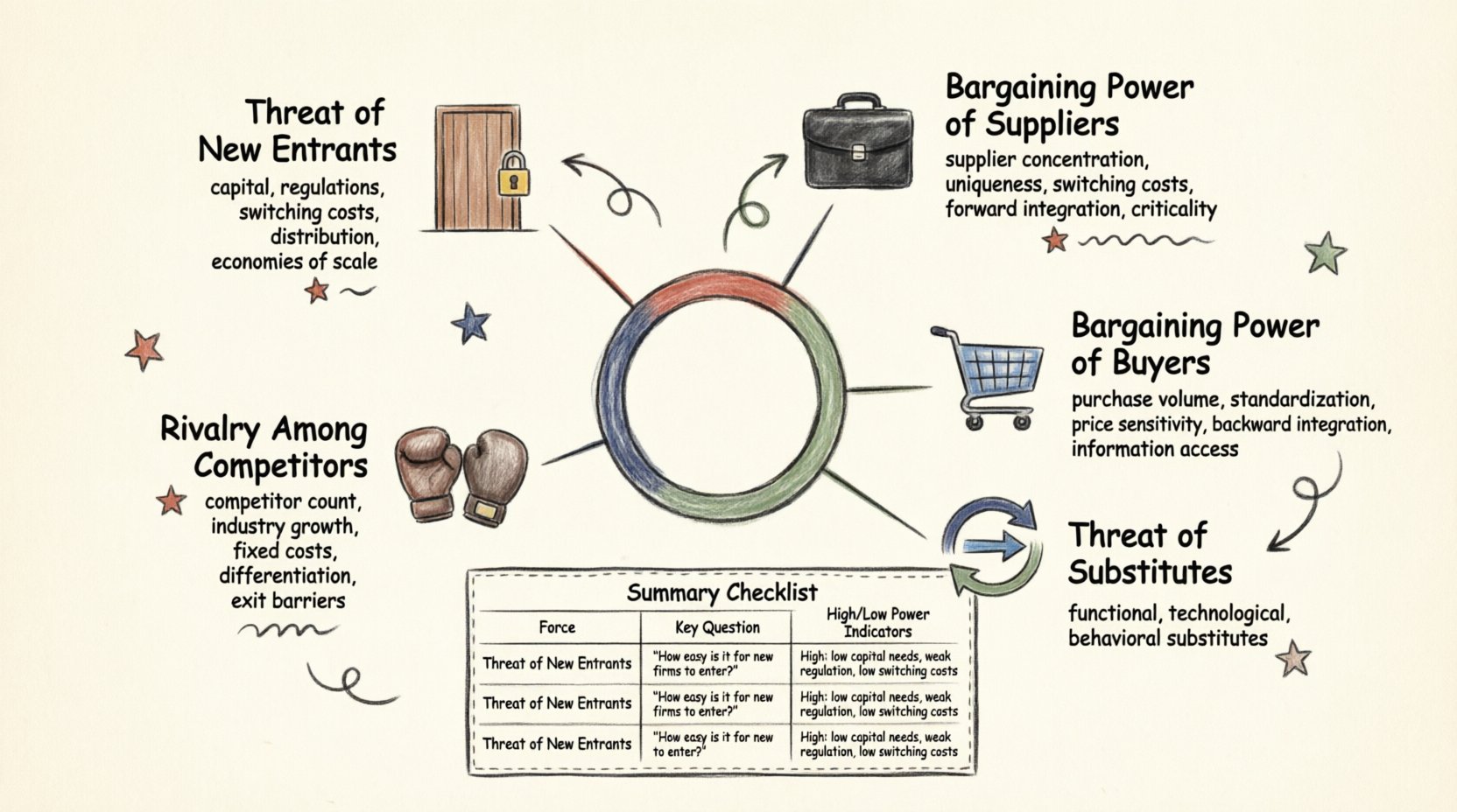 Hand-drawn infographic of Porter's Five Forces Model showing competitive analysis framework: Threat of New Entrants, Bargaining Power of Suppliers, Bargaining Power of Buyers, Threat of Substitute Products, and Rivalry Among Existing Competitors, with icons, key questions, and power indicators in thick-outline sketch style for strategic business planning