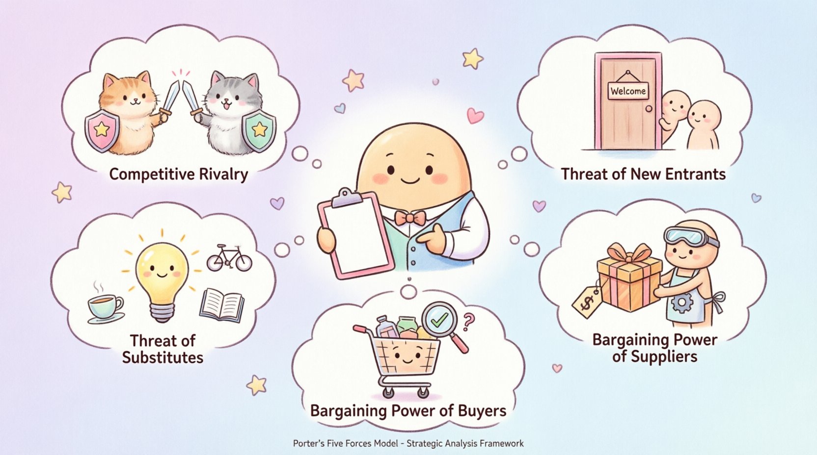 Cute kawaii vector infographic illustrating Porter's Five Forces Model for business strategy: Competitive Rivalry, Threat of New Entrants, Threat of Substitutes, Supplier Power, and Buyer Power, featuring pastel colors, rounded shapes, and friendly character icons for intuitive strategic planning education
