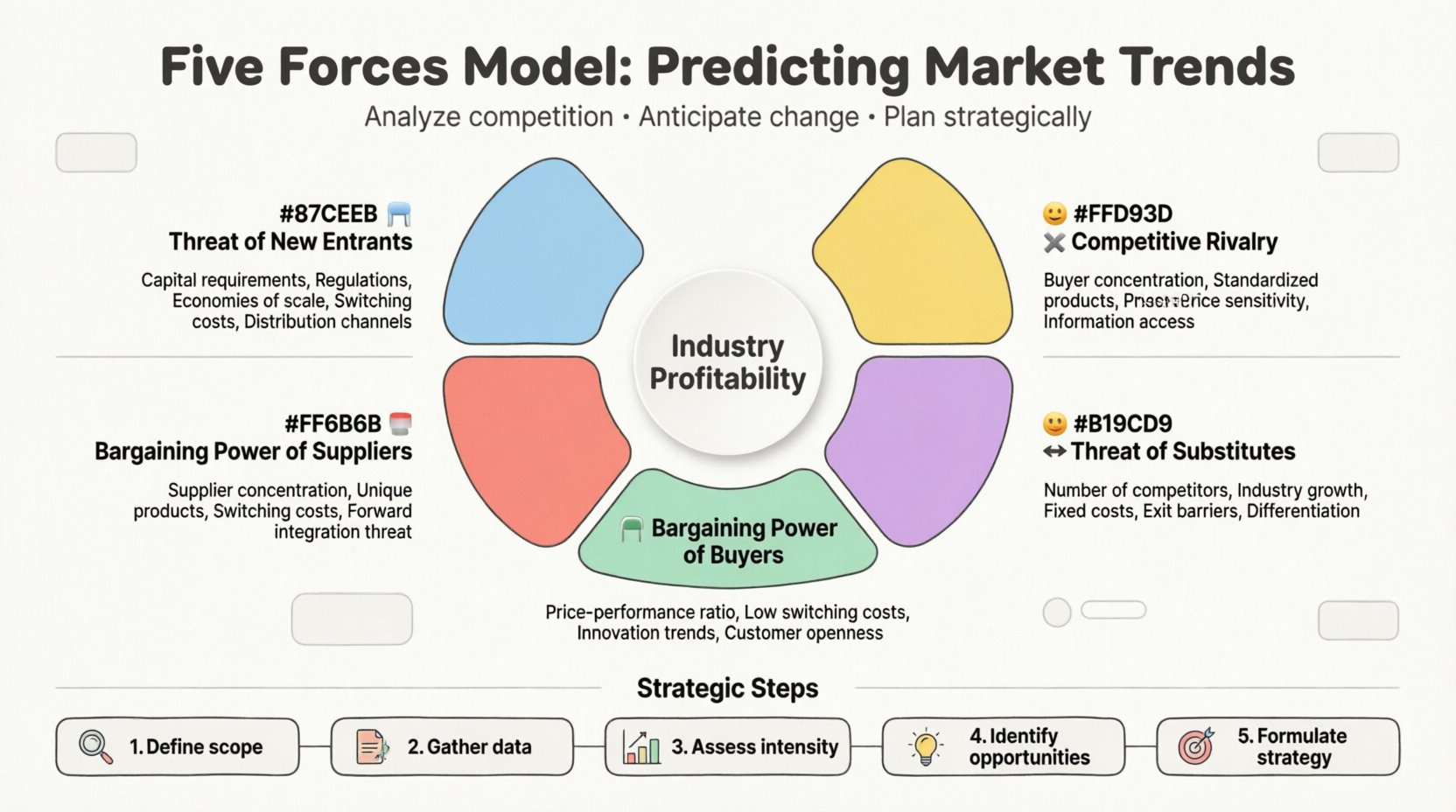 Infographic illustrating Porter's Five Forces Model for strategic business analysis: Threat of New Entrants, Bargaining Power of Suppliers, Bargaining Power of Buyers, Threat of Substitute Products, and Competitive Rivalry, with key factors and strategic implementation steps, designed in clean flat style with pastel colors for students and social media