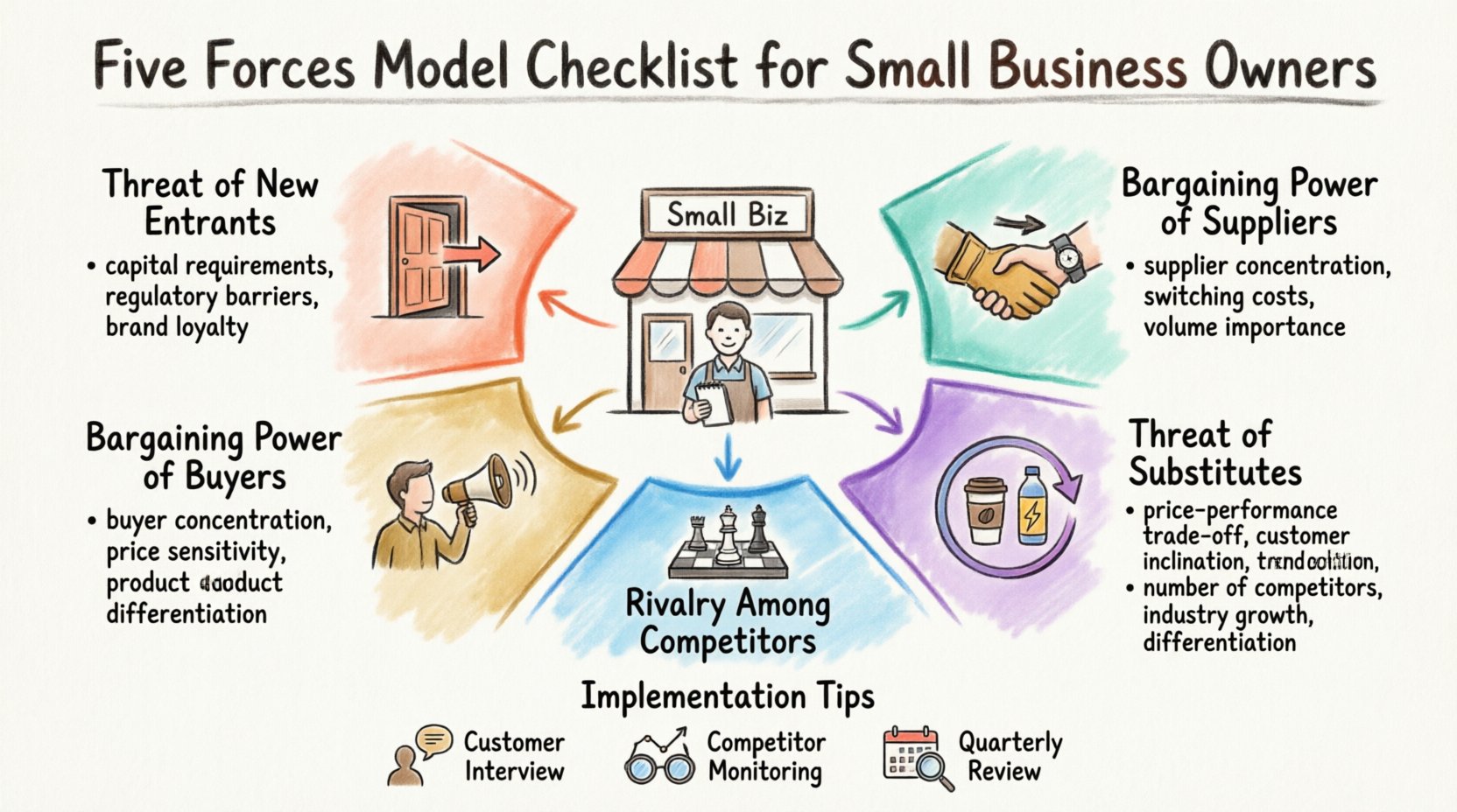 Marker illustration infographic of Porter's Five Forces Model checklist for small business owners, featuring five competitive forces in a circular layout: Threat of New Entrants (door icon, evaluating capital requirements and barriers), Bargaining Power of Suppliers (handshake icon, assessing supplier concentration and switching costs), Bargaining Power of Buyers (customer icon, analyzing price sensitivity and differentiation), Threat of Substitutes (circular arrow icon, comparing alternative solutions), and Rivalry Among Competitors (chess pieces icon, measuring market intensity). Each section includes key evaluation questions and actionable insights in hand-drawn marker style with coral, teal, and mustard tones. Bottom section shows implementation tips: customer interviews, competitor monitoring, and quarterly reviews. Designed to help small business owners strategically analyze market competition and make informed decisions.