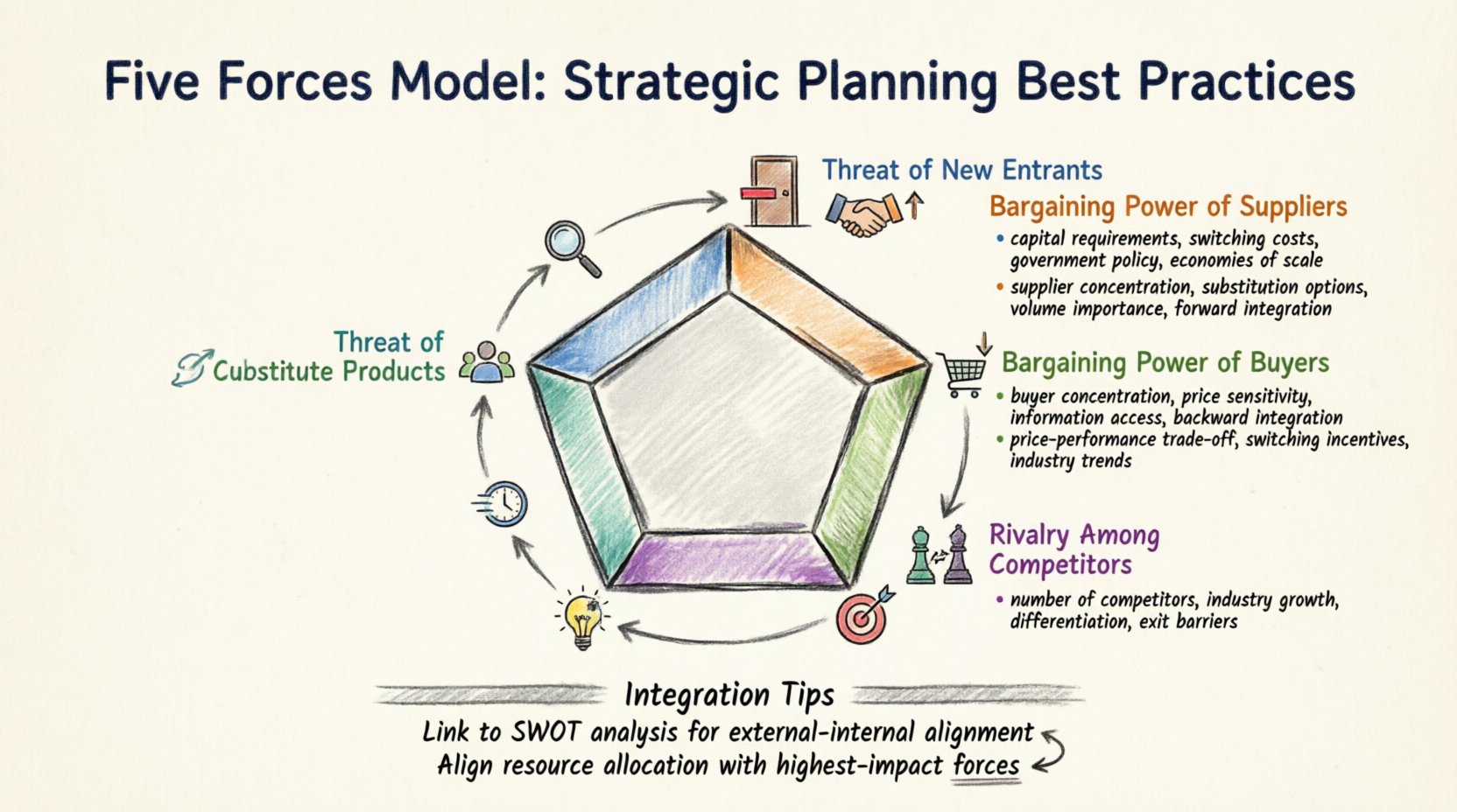 Marker illustration infographic of Porter's Five Forces Model for strategic planning, featuring a central pentagon diagram with five competitive forces: Threat of New Entrants, Bargaining Power of Suppliers, Bargaining Power of Buyers, Threat of Substitute Products, and Rivalry Among Existing Competitors. Each force includes key indicators like capital requirements, supplier concentration, price sensitivity, switching incentives, and industry growth. Surrounding elements highlight best practices: data collection, cross-functional collaboration, dynamic review cycles, and focus on key drivers. Vibrant hand-drawn marker style with colorful sketchy lines on textured paper background, 16:9 aspect ratio, English labels for business strategy education.