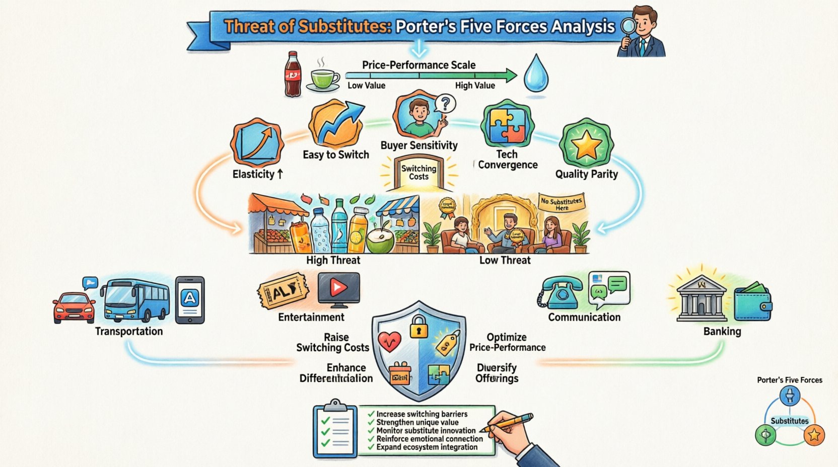 Cartoon infographic explaining Porter's Five Forces Threat of Substitutes: defines substitutes vs competitors, shows price-performance ratio and switching costs, lists 5 key indicators of high threat, compares high vs low threat environments, illustrates 4 industry examples (transportation, entertainment, communication, banking), presents 6 mitigation strategies with shield icons, and includes a strategic checklist—all in vibrant cartoon style with playful business characters and clear visual hierarchy for easy understanding