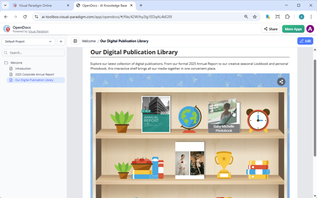 Digital Bookshelf Maker for OpenDocs | Visual Paradigm Online