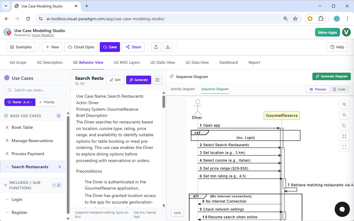 Use Case Modeling Studio – AI-generated Sequence Diagram in Behavior View