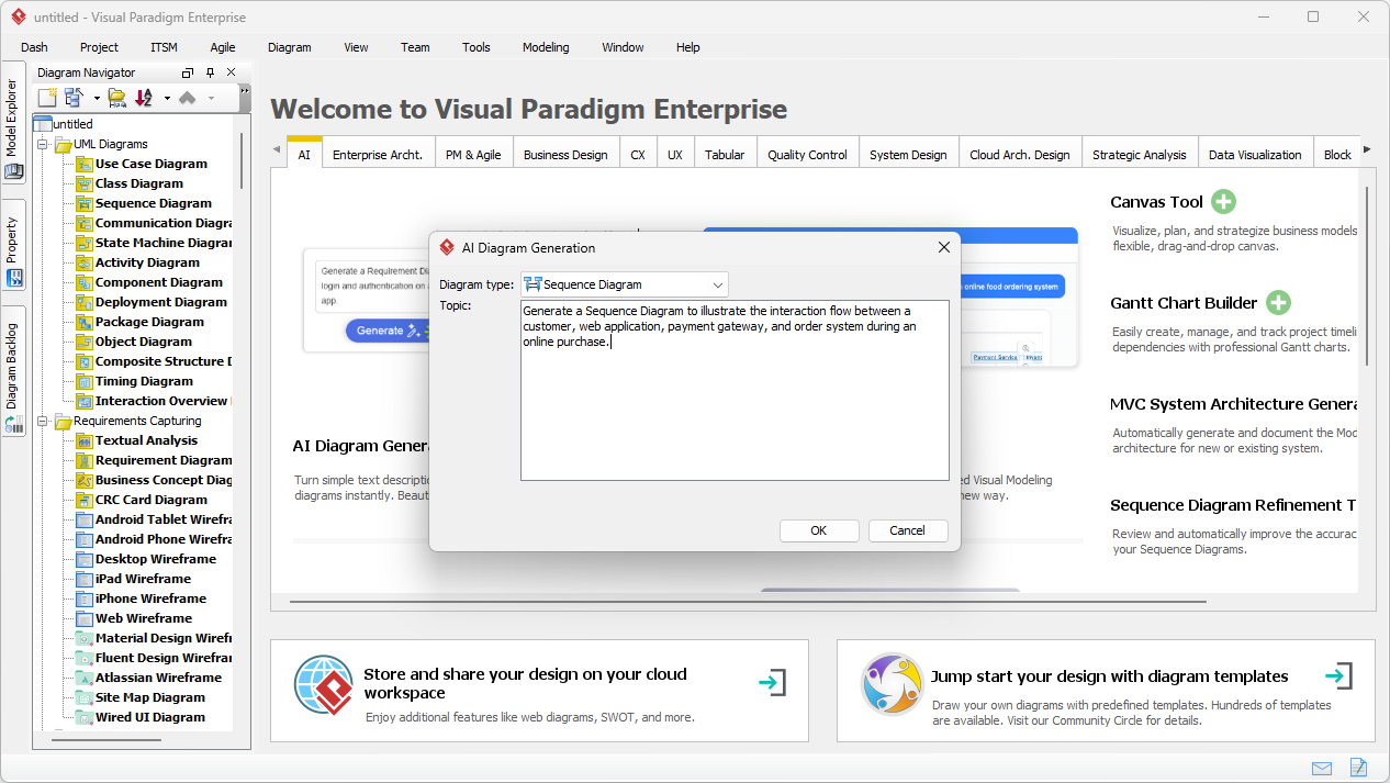 Visual Paradigm Desktop AI Sequence Diagram Generation interface